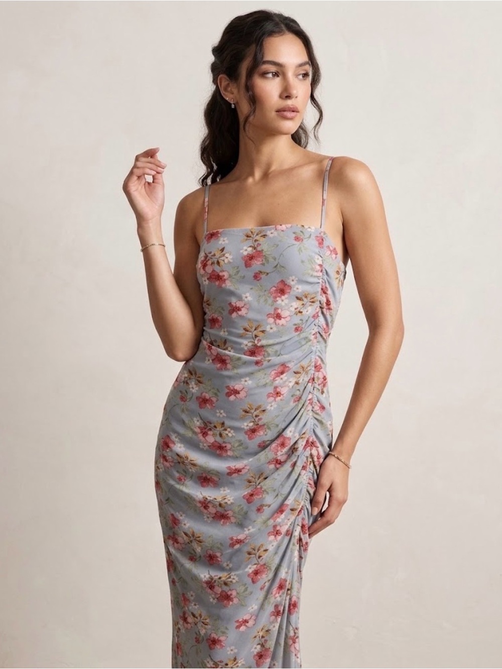 Charlotte Russe Floral Ruched Mesh Midi Dress